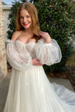 Princess A Line Ivory Strapless Long Wedding Dress with Detached Sleeves OK1617