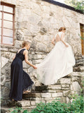 A-Line Round Neck Floor-Length Navy Blue Chiffon Bridesmaid Dress OKR93