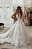 Charming A Line V Neck Tulle Wedding Dress with Appliques N104
