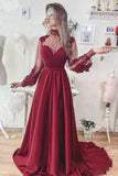 A-line Burgundy High Neck Long Sleeves Open Back Prom Dress OKT85