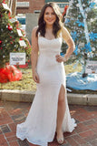 White Sequin V Neck Mermaid Long Prom Dress Evening Dresses OK2028