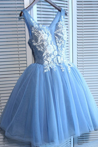 Blue Tulle A Line Lace Appliques Short Homecoming Dresses OKC51