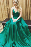 A-line V-neck Spaghetti Straps Long Simple Green Cheap Prom Dress K734