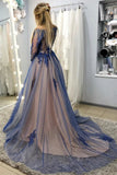 A Line Long Sleeves Tulle Appliques Long Prom Dress Formal Evening Dress OK1369