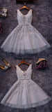 Princess Gray V-neck Lace Appliqued Homecoming Dress,Grey Tulle Short Prom Dresses OK302