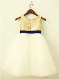 A-Line Round Neck Ivory Flower Girl Dresses with Sequins Sash OKP23