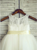 A-Line Round Neck White Flower Girl Dresses with Lace Sash OKP24