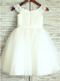 A-Line Round Neck White Flower Girl Dresses with Sash Lace OKP26