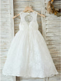 A-Line Jewel Open Back White Lace Flower Girl Dresses OKP28