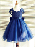 A-Line Square Neck Cap Sleeves Dark Blue Flower Girl Dresses with Lace Bowknot OKP16