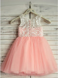 A-Line Round Neck Floor-Length Pink Flower Girl Dresses with Lace OKP19