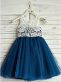 A-Line Round Neck Navy Blue Tulle Flower Girl Dresses with Lace OKP18