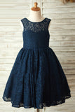 A-Line Round Neck Backless Navy Blue Lace Flower Girl Dresses with Bowknot OKP17