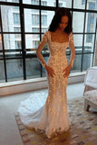 Illusion Mermaid Long Sleeves Tulle Appliques Wedding Dress Bridal Dresses OK1979