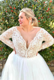 Off White Lace Top V-Neck Long Sleeves Backless Wedding Dress OK1618