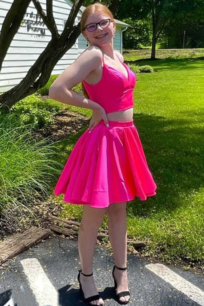 Simple Two-Piece Neon Pink V-Neck A-Line V Neck Short Homecoming Dress OK1491