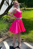 Simple Two-Piece Neon Pink V-Neck A-Line V Neck Short Homecoming Dress OK1491