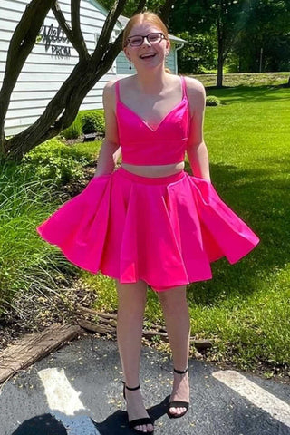Simple Two-Piece Neon Pink V-Neck A-Line V Neck Short Homecoming Dress OK1491