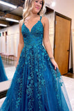 A-line V-Neck Lace Appliques Blue Long Prom Dress Evening Dresses OK2018