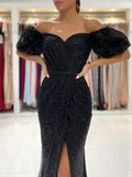 Mermaid Black Off the Shoulder Sequined Slit Long Prom Dress. Formal Evening Dress OK1193