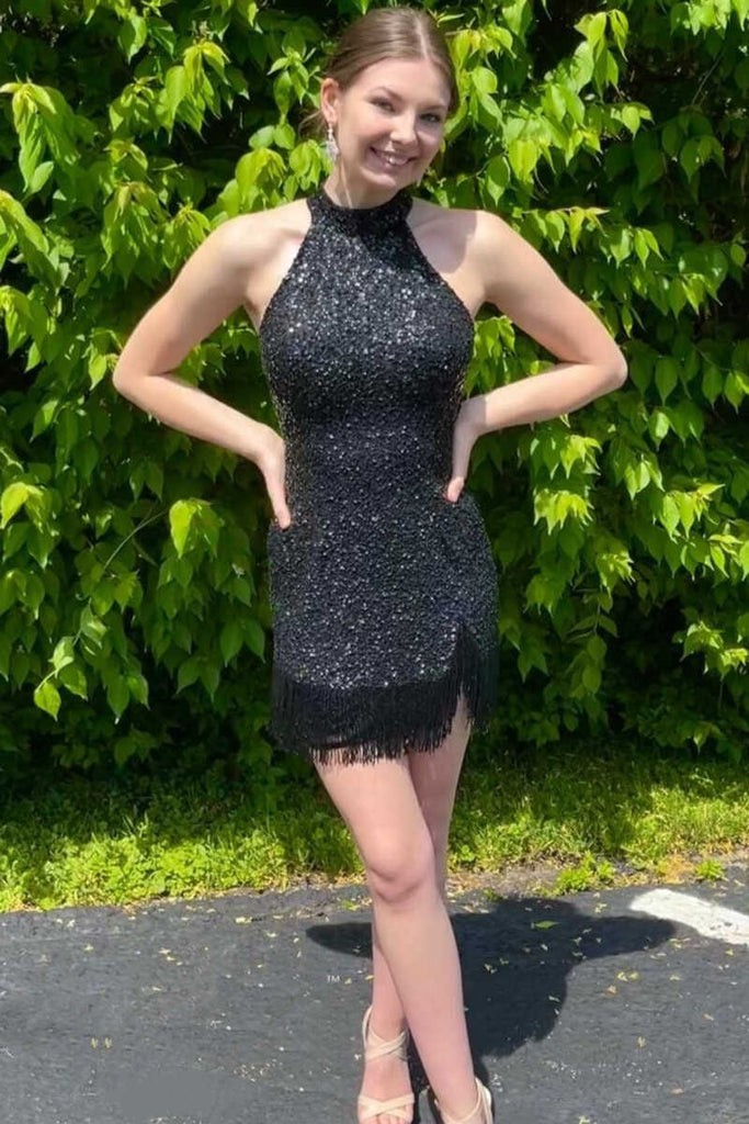 Black Sequins Halter Tassel Mini Party Dress Short Homecoming Dress OK1490