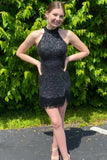 Black Sequins Halter Tassel Mini Party Dress Short Homecoming Dress OK1490