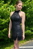 Black Sequins Halter Tassel Mini Party Dress Short Homecoming Dress OK1490
