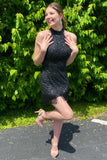 Black Sequins Halter Tassel Mini Party Dress Short Homecoming Dress OK1490