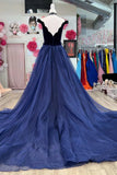 Elegant Navy Velvet Off-the-Shoulder Mermaid Long Prom Gown with Attached Train OK1895