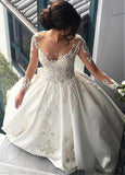Attractive Satin Sheer Jewel Neckline Long Sleeves Wedding Dress With Lace Appliques OK869