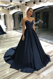 Long Princess Spaghetti Straps Dark Blue Sweetheart Satin Prom Dress With Lace Top OK1163