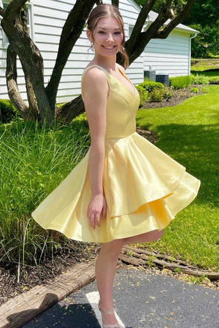 A-Line Yellow V-Neck Satin Short Homecoming Dress Graduation Dress OK1495