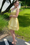 A-Line Yellow V-Neck Satin Short Homecoming Dress Graduation Dress OK1495