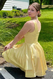 A-Line Yellow V-Neck Satin Short Homecoming Dress Graduation Dress OK1495