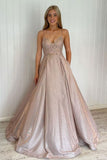 Chic A Line Sequined Long Prom Dress Spaghetti Straps Formal Evening Dress OK1184