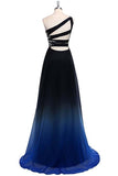 Ombre Chiffon A Line Sweep Train One Shoulder Sleeveless Beading Prom Dresses OKA22