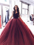 Princess Burgundy Strapless Ball Gown Long Evening Prom Dress OK946