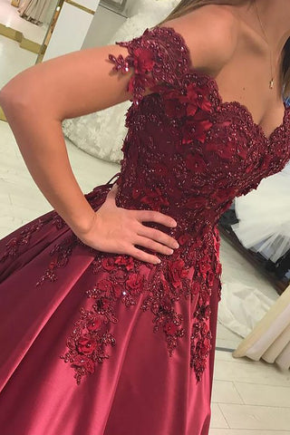 Ball Gown Burgundy Sleeveless Off-the-Shoulder Lace Applique Prom Dresses OKC77