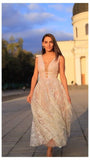 A Line Lace V Neck Long Prom Dress Sleeveless Formal Evening Dress OK1604