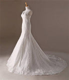 Mermaid V-neck Long Lace Sweep Train Lace Up Modest Wedding Dress W22