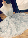 A-Line V-Neck Shprt Backless Light Blue Lace Cute Homecoming Dresses with Belt OK257