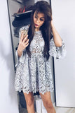 A Line Crew Long Sleeve Above Knee Grey Lace Homecoming Dress OKD29