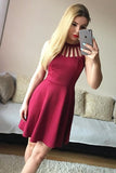 Simple A Line Jewel Burgundy Short Satin Homecoming Dress OKD34