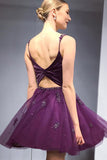 Spaghetti Straps Two Piece Purple Homecoming Dresses with Beading OKO32