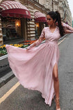 Burgundy Long Sleeves V Neck Lace Top A Line Long Prom Dress OK838