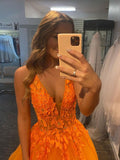 Orange A Line V Neck Tulle Lace Appliques Long Prom Dress Cheap Evening Dress OK1131