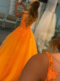 Orange A Line V Neck Tulle Lace Appliques Long Prom Dress Cheap Evening Dress OK1131