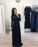 Elegant A Line Long Sleeves Chiffon Navy Blue Appliques Prom Dresses OKH58