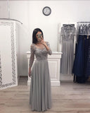 A Line Gray Chiffon Long Sleeves Prom Dress, Cheap Appliques Evening Gown OKI12