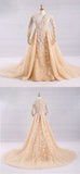 Pretty A-Line V-Neck Long Sleeves Tulle Appliques Floor Length Prom Dress OKG32